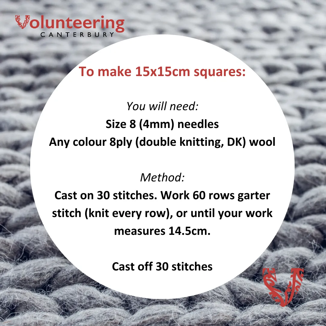 Image describing how to make 15cm x 15cm knitted squares.