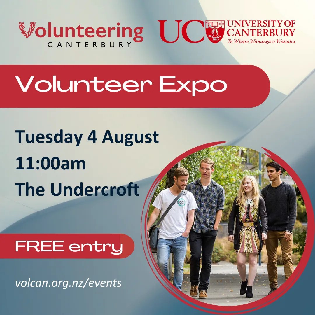 Student Volunteer Expo tile: An image of students walking on campus. Text overlaid includes event details: Tuesday 4 August, 11:00am, The Undercroft. Free entry. www.volcan.org.nz/events."