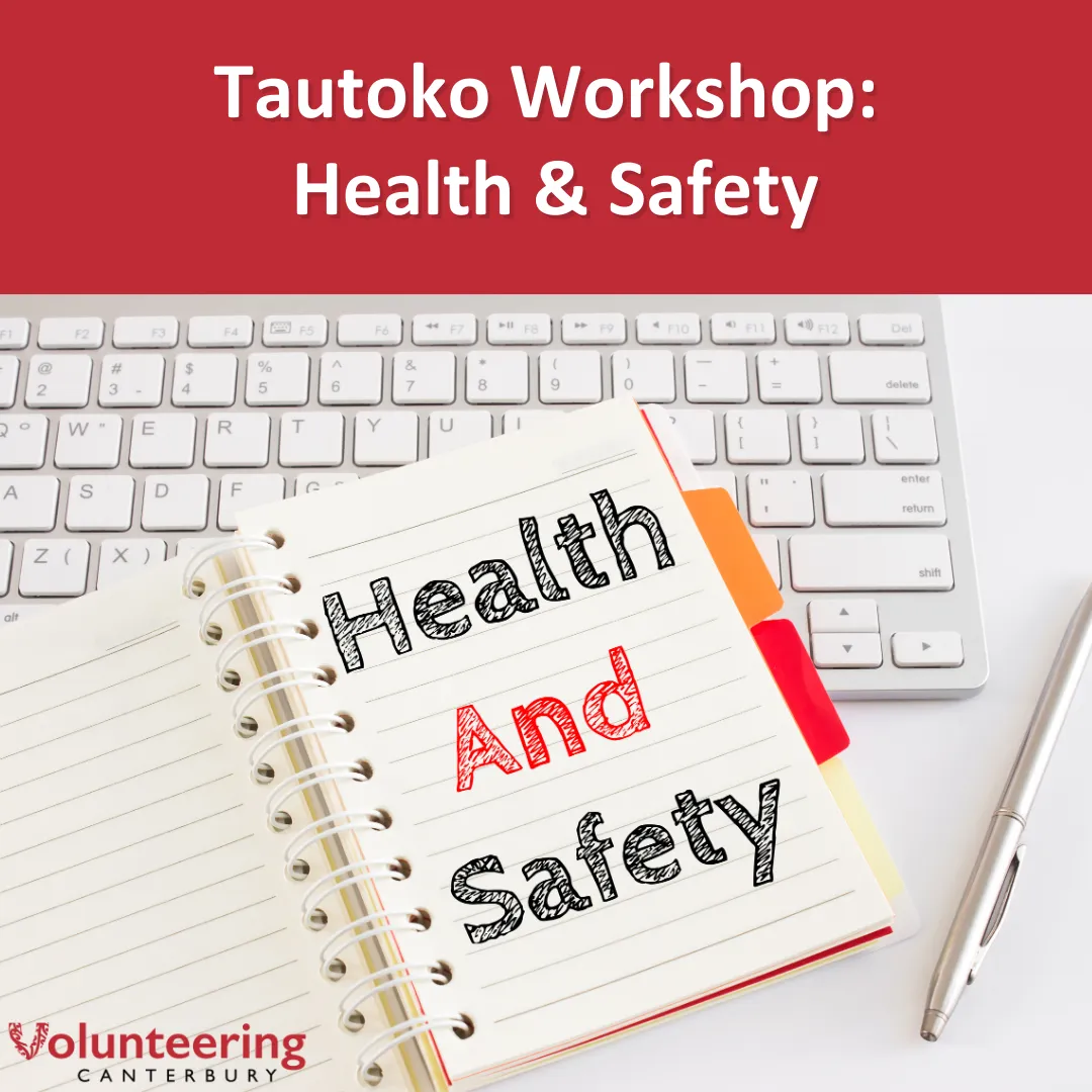 Event tile for Tautoko Workshop: Health & Safety. Image of a Health and Safety notebook, open beside a computer keyboard and pen.